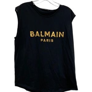 Balmain Size XL Black & Gold Cotton Sleeveless Goldtone Hardware Curved Hem Top